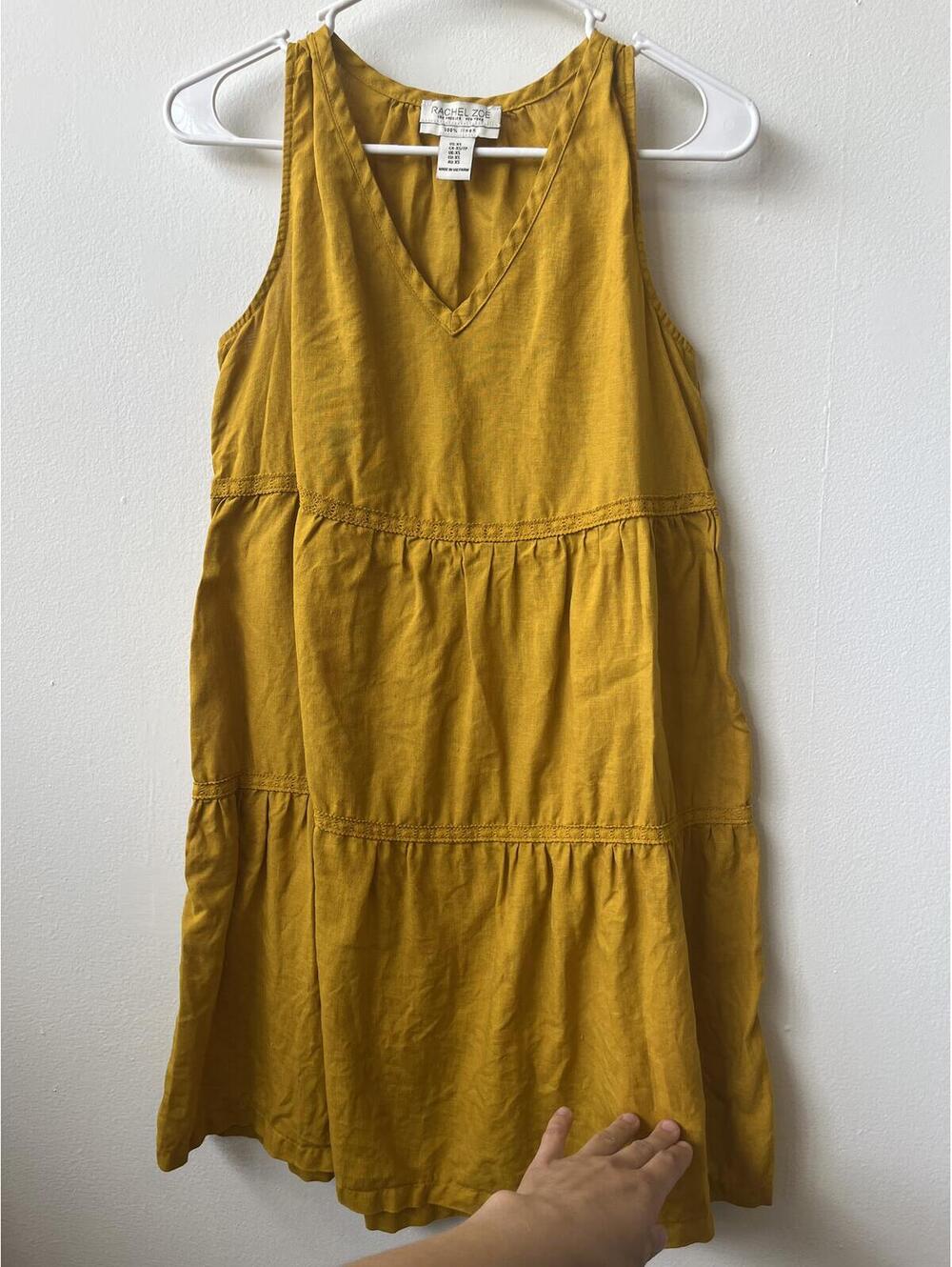 Rachel Zoe size xs 100% linen deep yellow tiered mini dress cottagecore boho